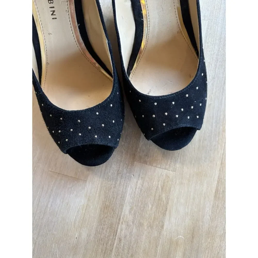 Gianni Bini Women's Black Gold Studded Sparkle Size 7M Wedges Open Peep Toe